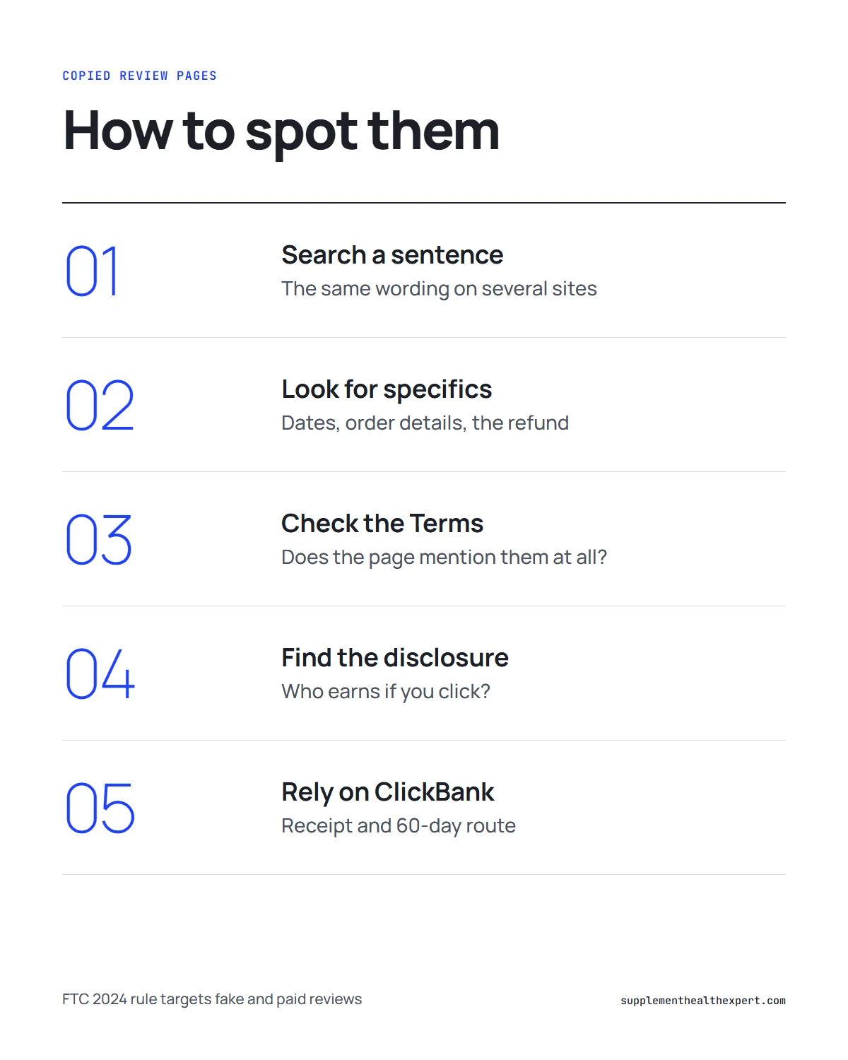 Last Wish reviews infographic: five steps to spot copied or one-sided review pages and the refund route to rely on