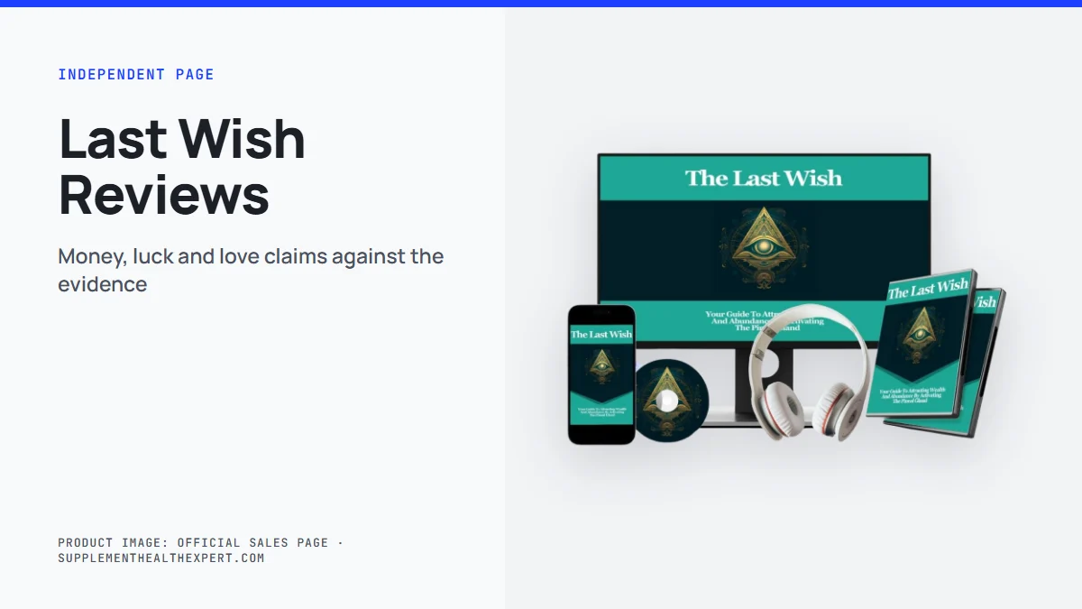 The Last Wish reviews: the seller's product mockup with a note on money, luck and love claims against the evidence