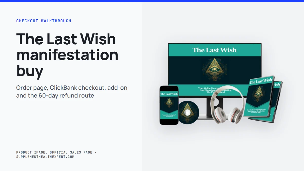 The last wish manifestation buy illustration: the product mockup beside a short summary of the ClickBank order steps