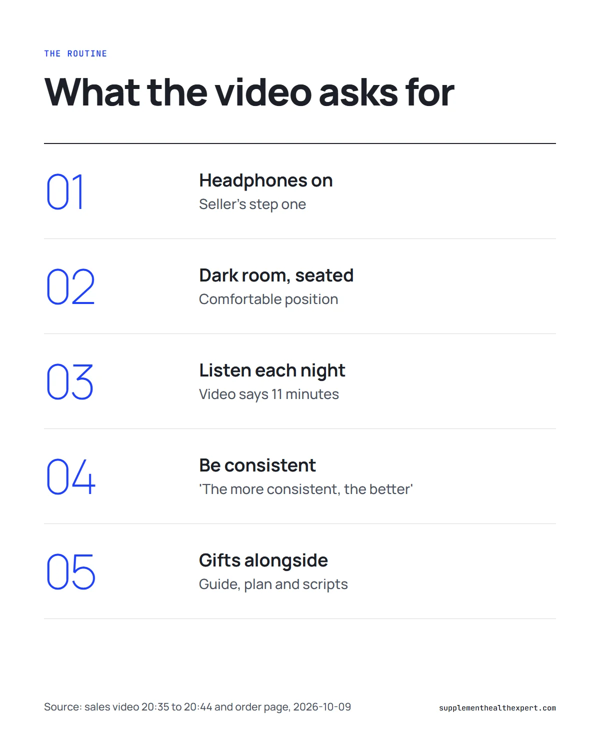 The Last Wish program review infographic: routine of headphones, a dark room, a nightly listen and the three gifts
