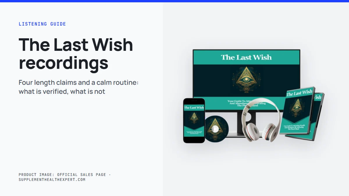 The Last Wish recordings guide: the seller's product mockup beside a summary of the conflicting listening-length claims