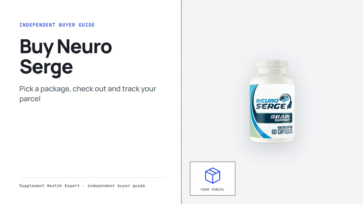 Buy Neuro Serge graphic with a wide Neuro Serge bottle beside an open parcel icon for your order