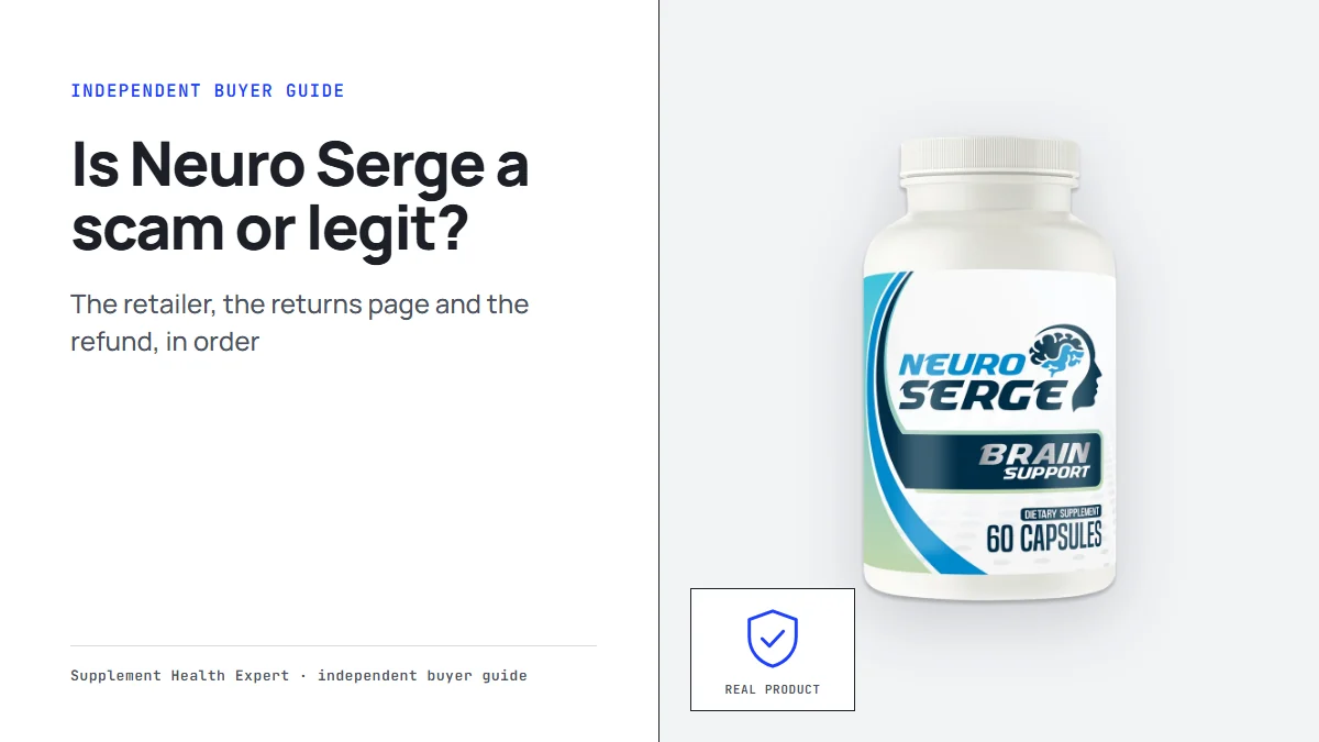 Is Neuro Serge a scam or legit graphic with a Neuro Serge bottle beside a shield icon marked real product