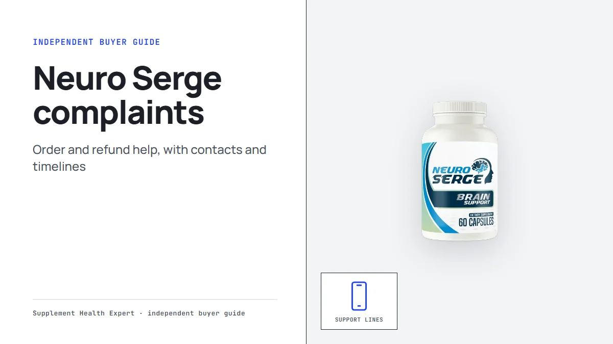 Neuro Serge complaints help graphic with a wide Neuro Serge bottle beside a phone icon for the support lines