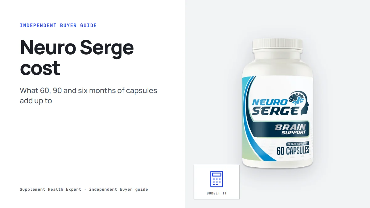 Neuro Serge cost graphic with a Neuro Serge bottle beside a calculator icon for budgeting a routine