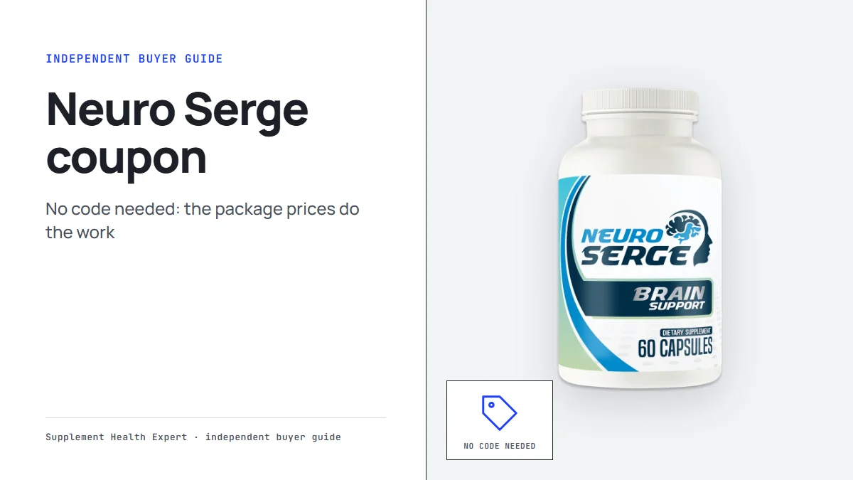 Neuro Serge coupon graphic with a Neuro Serge bottle beside a price tag icon labeled no code needed