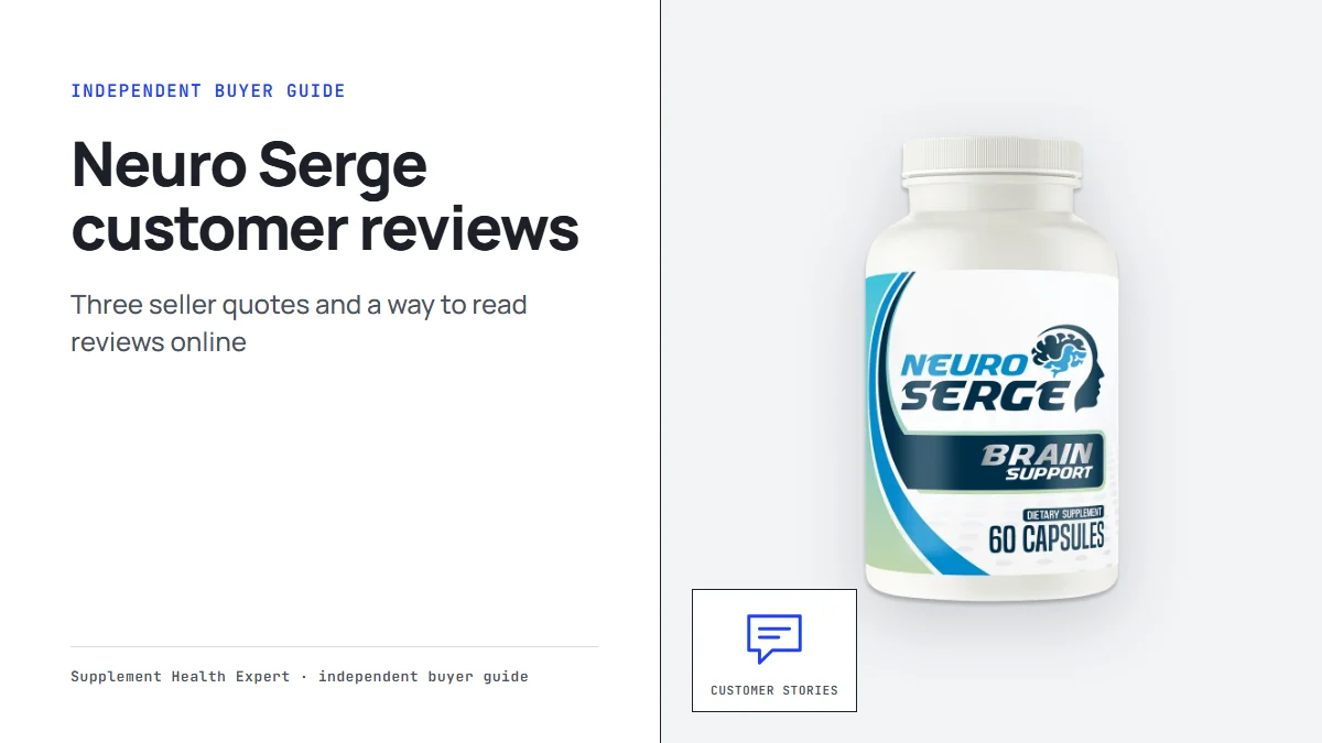 Neuro Serge customer reviews graphic with a Neuro Serge bottle beside a speech bubble icon for customer stories