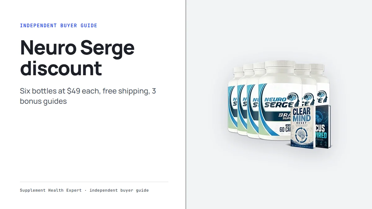 Neuro Serge discount graphic with the six-bottle Neuro Serge package and the headline six bottles at $49 each