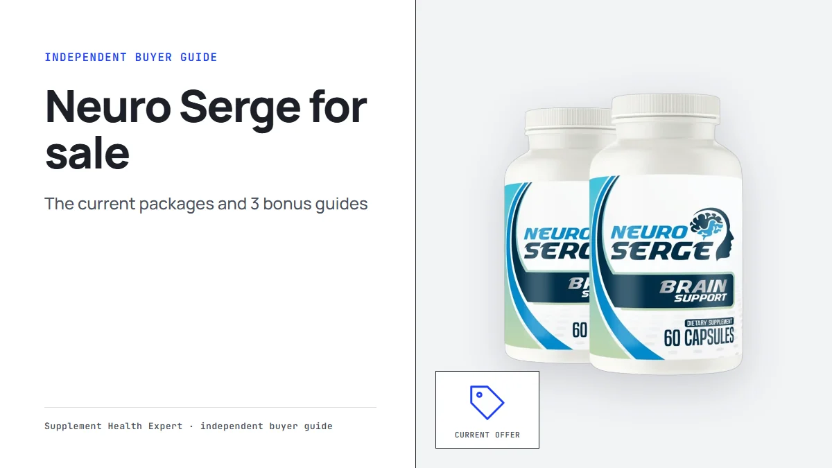 Neuro Serge for sale graphic with two Neuro Serge bottles and a price tag icon marked current offer