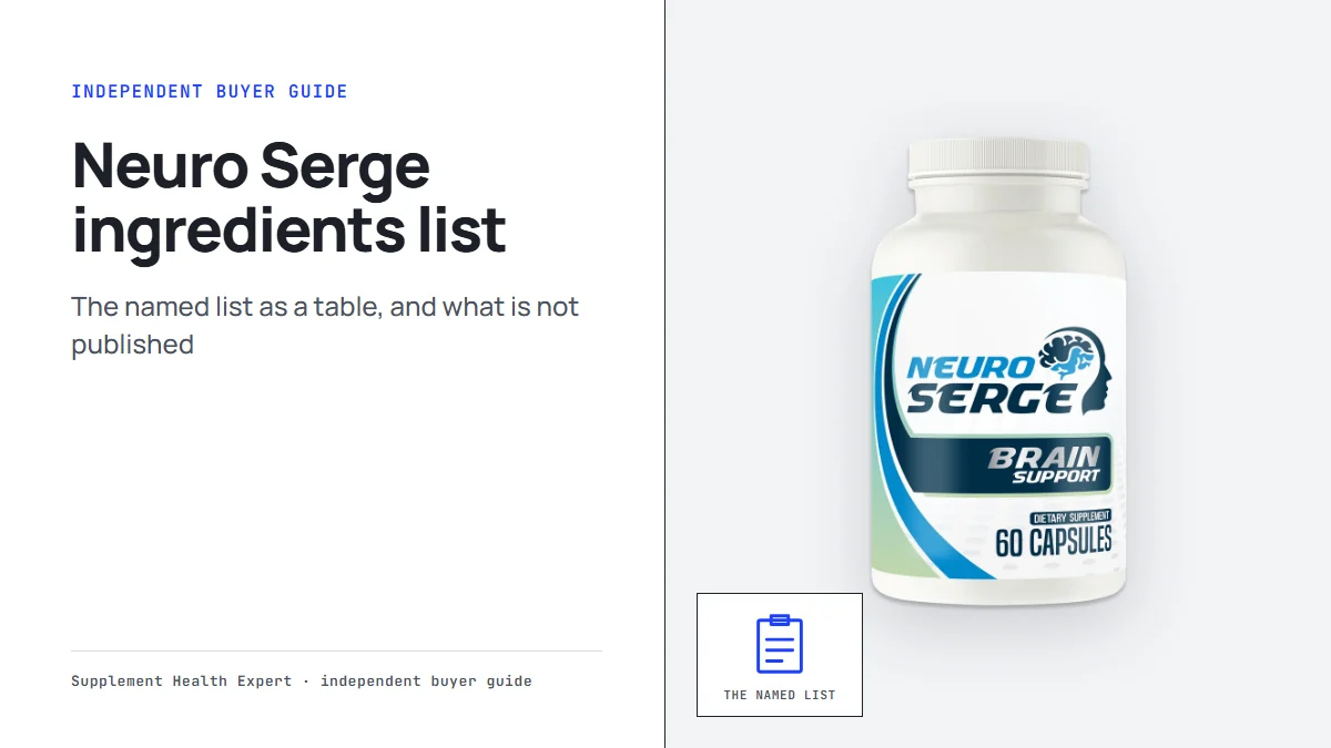 Neuro Serge ingredients list graphic with a Neuro Serge bottle beside a clipboard icon for the named ingredient list