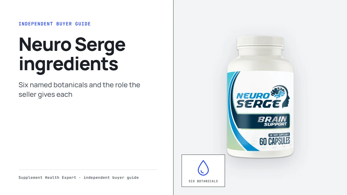 Neuro Serge ingredients graphic with a Neuro Serge bottle beside a drop icon for the six named plant extracts