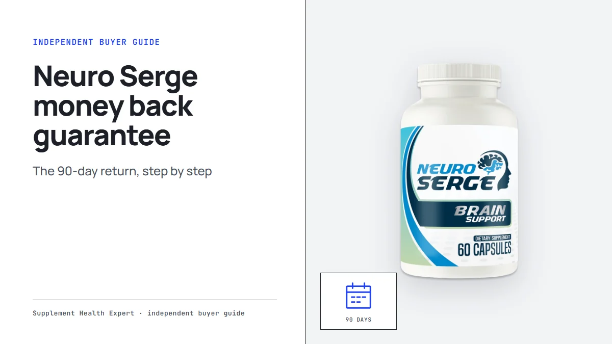 Neuro Serge money back guarantee graphic with a Neuro Serge bottle beside a calendar icon marked 90 days