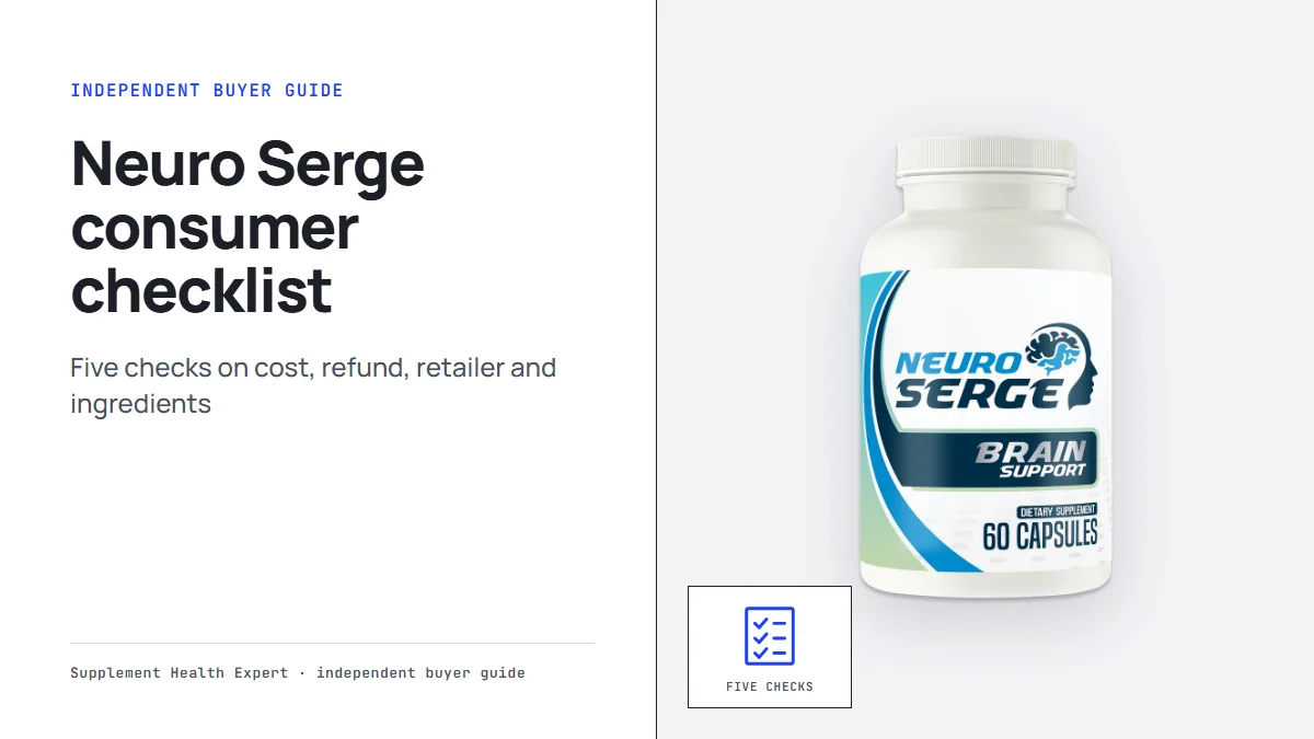 Neuro Serge reviews consumer reports style graphic with a Neuro Serge bottle beside a five-point checklist icon