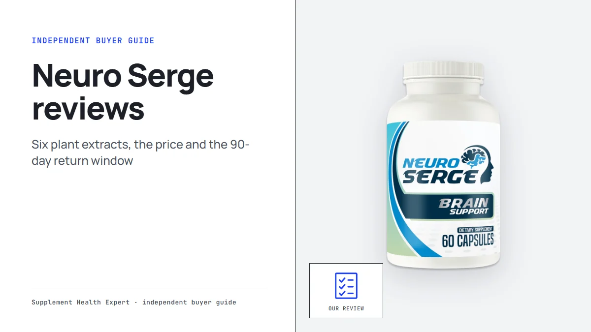 Neuro Serge reviews graphic with a Neuro Serge brain support bottle beside a checklist icon on a clean buyer guide layout
