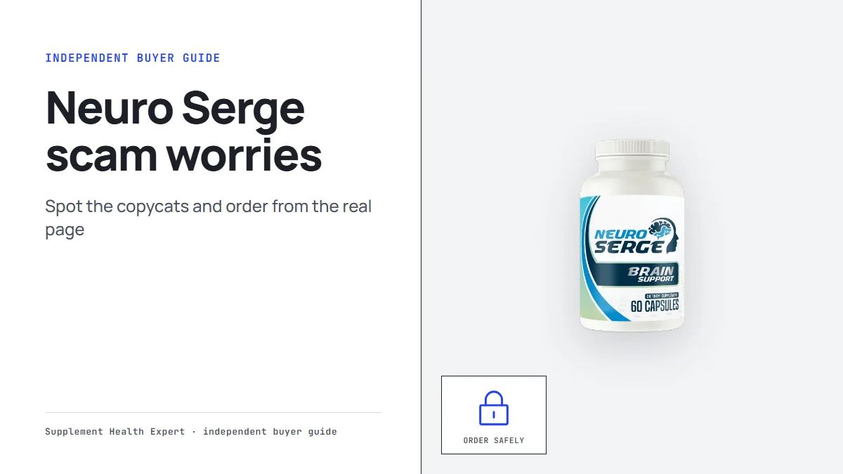 Neuro Serge scam worries graphic with a wide Neuro Serge bottle beside a padlock icon for ordering safely