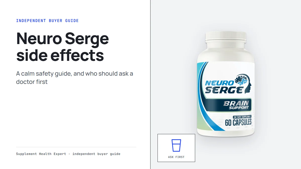 Neuro Serge side effects graphic with a Neuro Serge bottle beside a glass of water icon for a calm safety guide