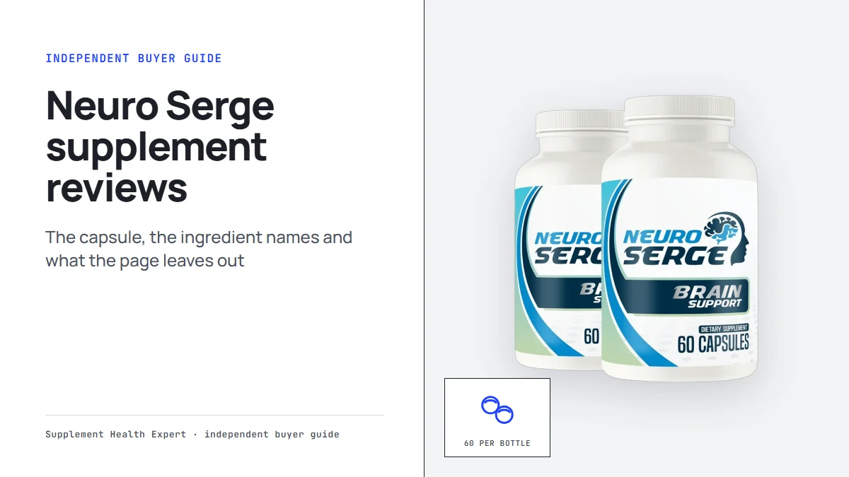 Neuro Serge supplement reviews graphic with two Neuro Serge bottles and a tablets icon marked 60 per bottle