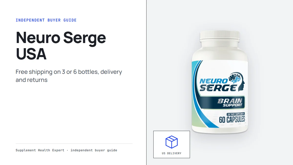 Neuro Serge USA graphic with a Neuro Serge bottle beside a parcel icon for US delivery and returns