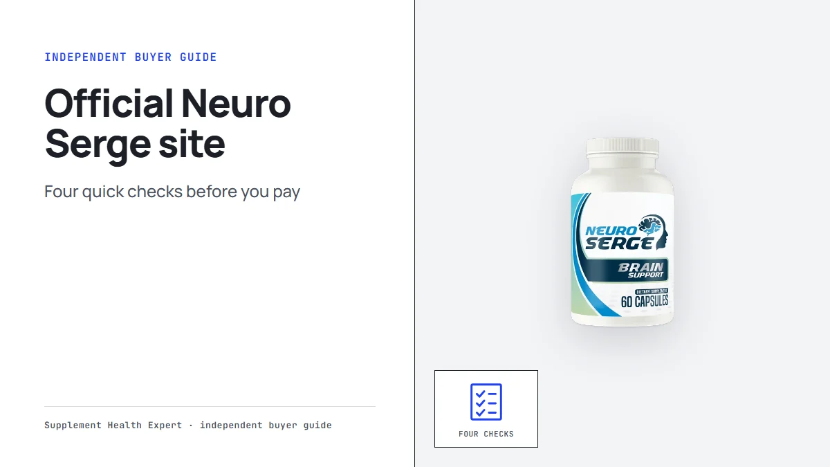 Official Neuro Serge site checklist graphic with a wide Neuro Serge bottle beside a four-item list icon