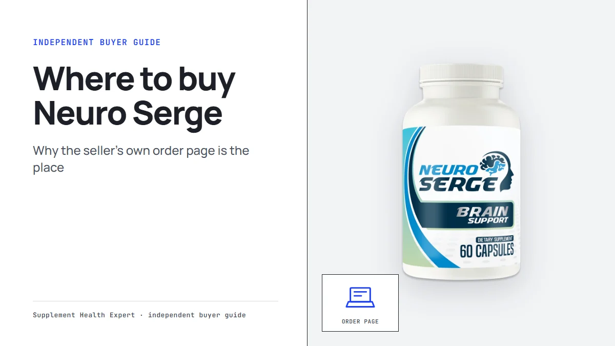 Where to buy Neuro Serge graphic with a Neuro Serge bottle beside a laptop icon showing the order page