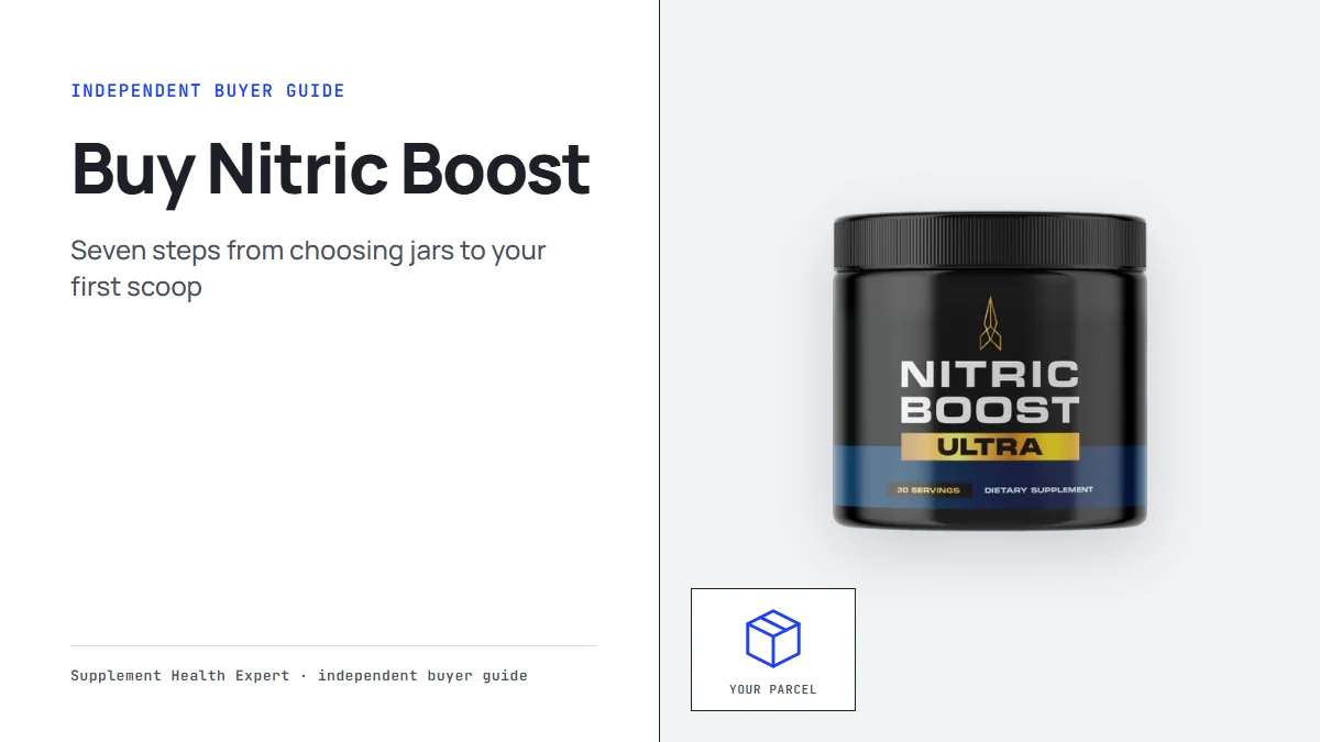 Buy Nitric Boost graphic with a Nitric Boost jar beside an open parcel icon for your order