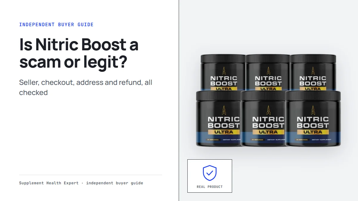Is Nitric Boost a scam or legit graphic with six Nitric Boost jars beside a shield icon marked real product