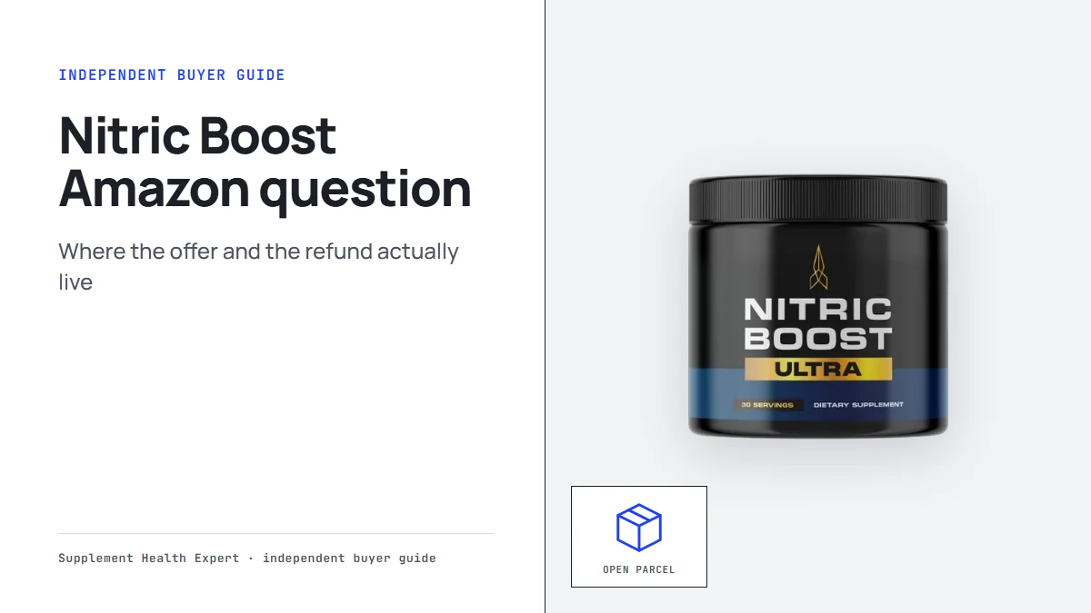 Nitric Boost Amazon question graphic with a Nitric Boost jar beside an open parcel icon from the seller order page