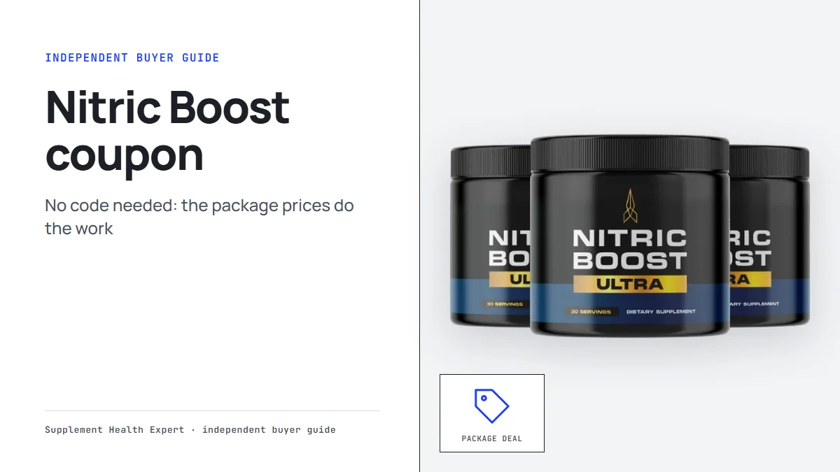 Nitric Boost coupon graphic with three Nitric Boost jars beside a price tag icon marked package deal