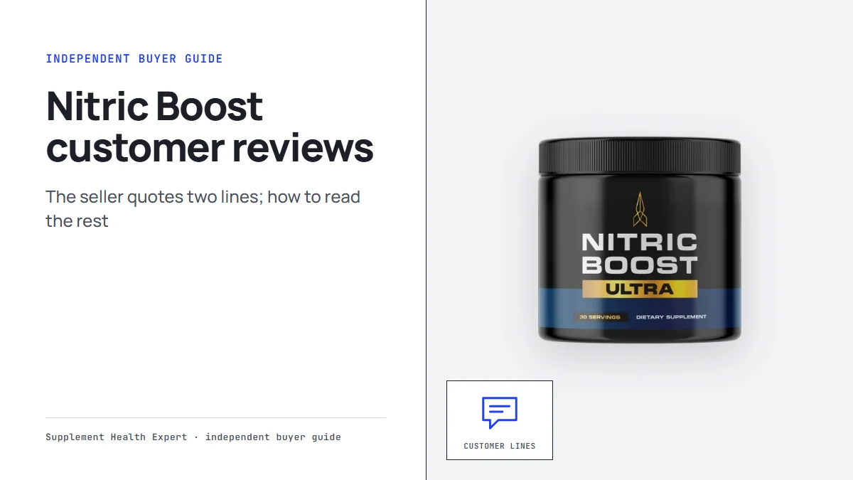 Nitric Boost customer reviews graphic with a Nitric Boost jar beside a speech bubble icon for customer lines