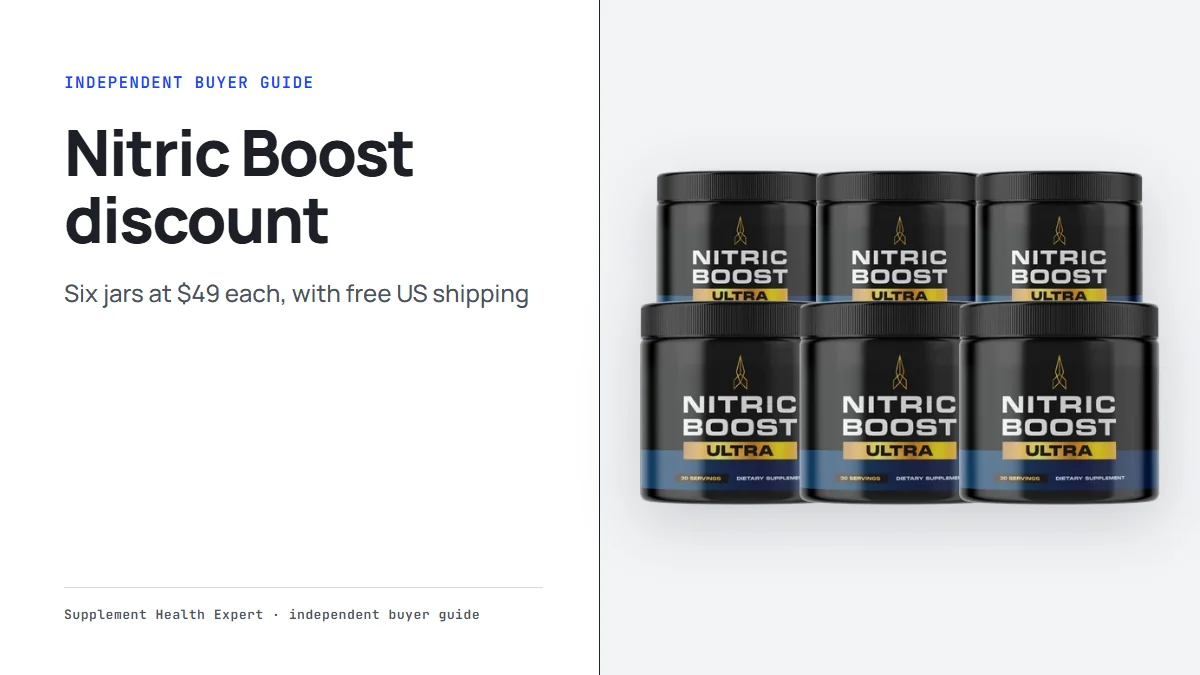 Nitric Boost discount graphic with six Nitric Boost jars and the headline six jars at $49 each with free US shipping