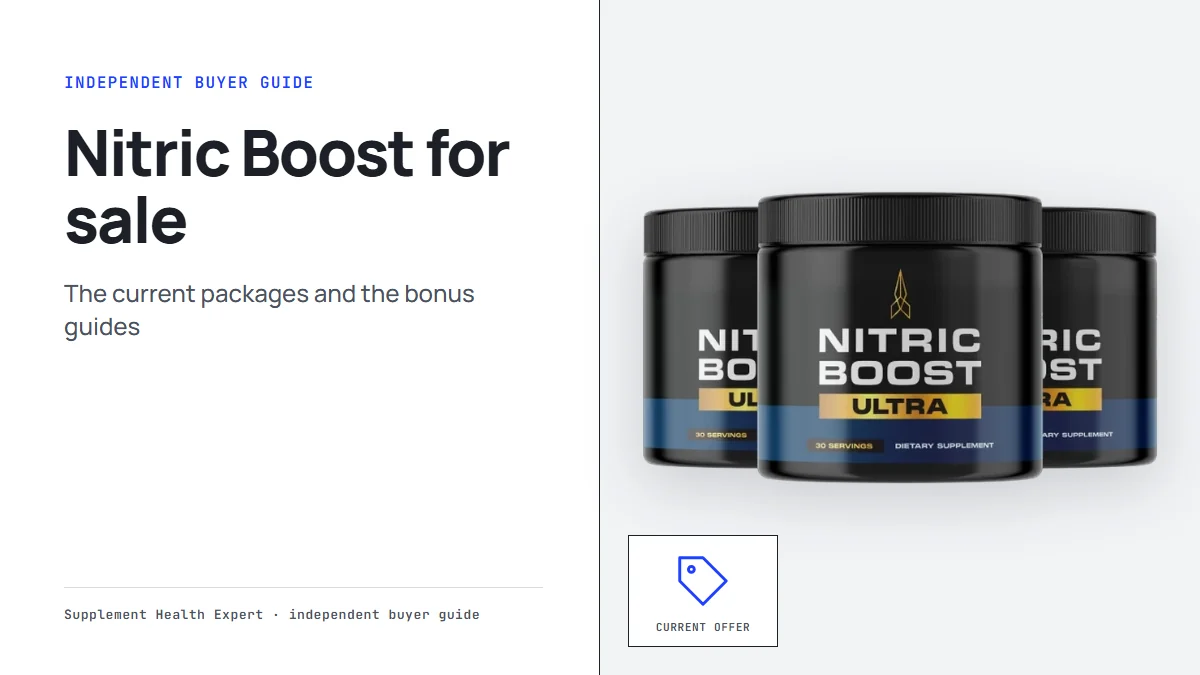 Nitric Boost for sale graphic with three Nitric Boost jars beside a price tag icon for the current offer