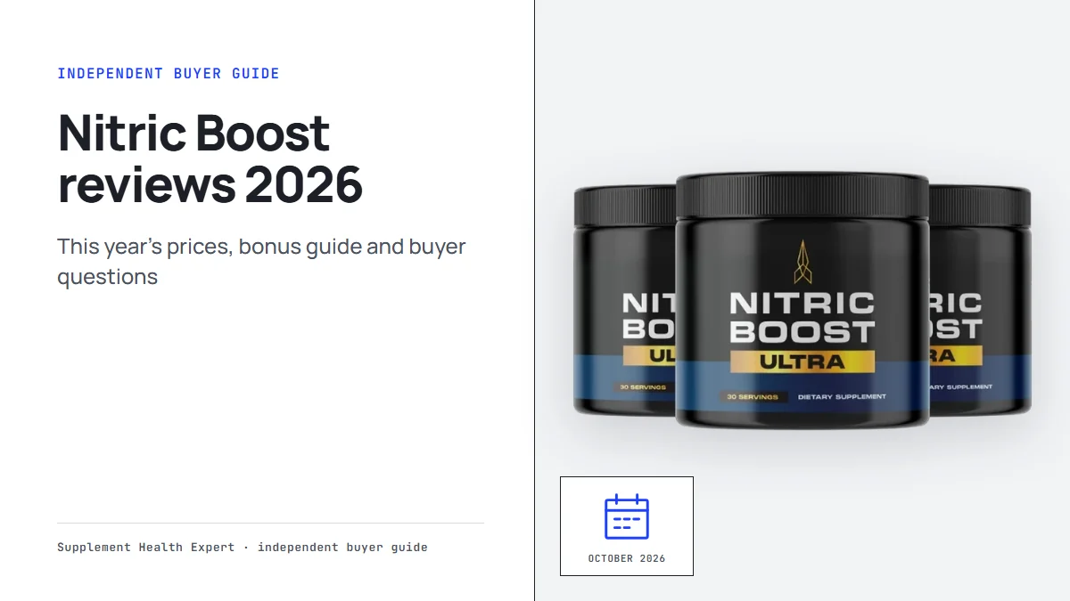 Nitric Boost reviews 2026 graphic with three Nitric Boost jars beside a calendar icon marked October 2026