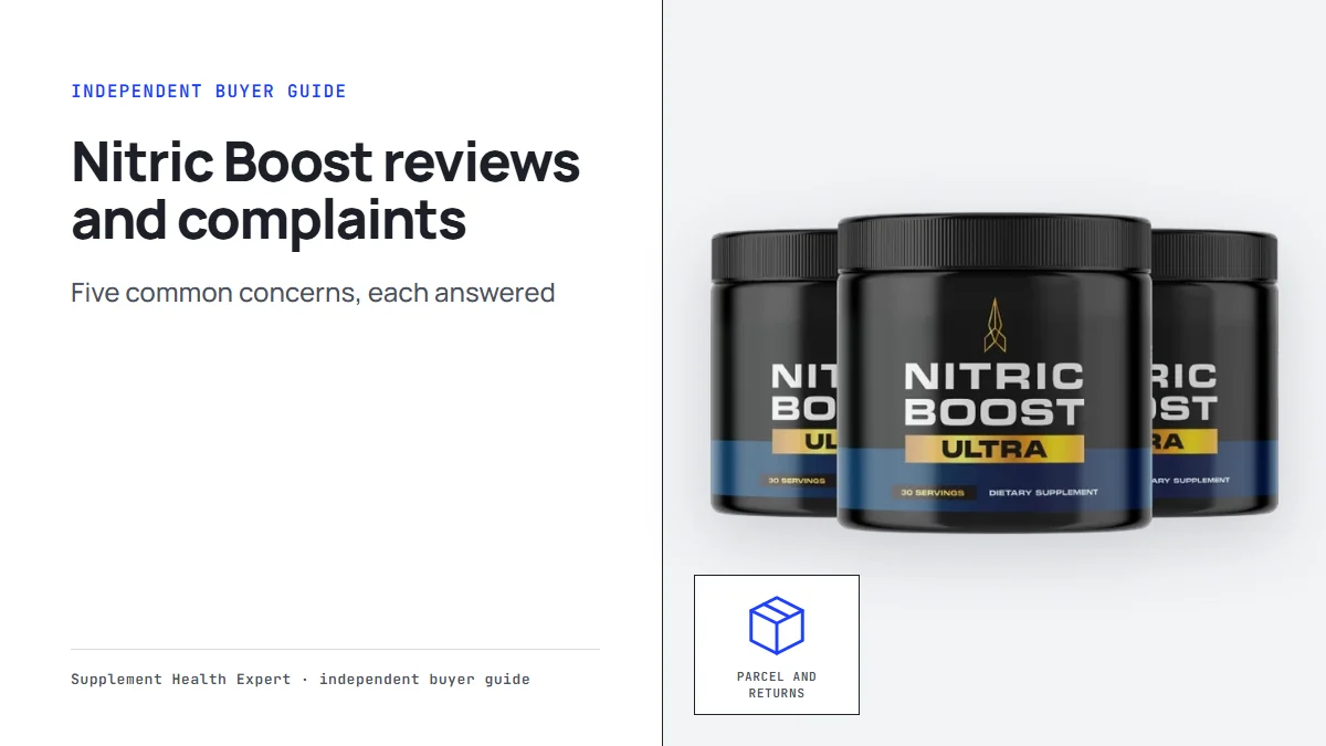 Nitric Boost reviews and complaints graphic with three Nitric Boost jars beside a parcel icon for delivery and returns