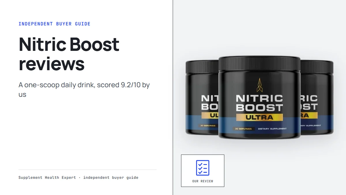 Nitric Boost reviews graphic with three Nitric Boost jars of powder beside a checklist icon on a clean buyer guide layout