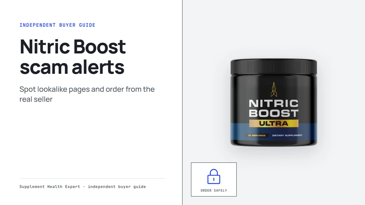Nitric Boost scam alerts graphic with a Nitric Boost jar beside a padlock icon marked order safely