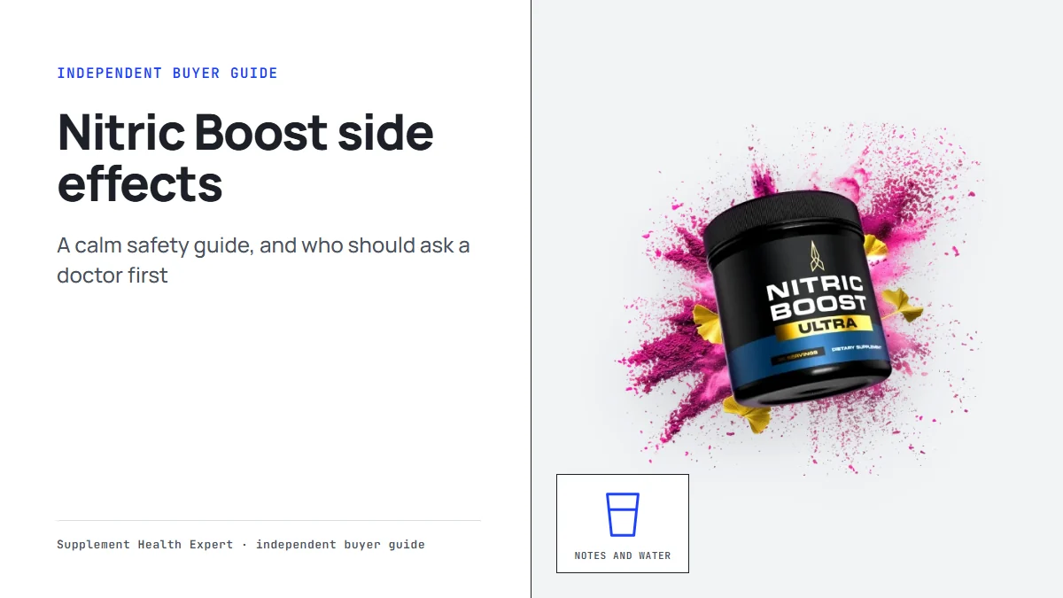 Nitric Boost side effects graphic with a Nitric Boost jar and pink powder splash beside a glass icon marked notes and water