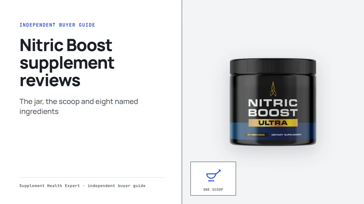 Nitric Boost supplement reviews graphic with a Nitric Boost jar beside a scoop icon for the one-scoop daily routine
