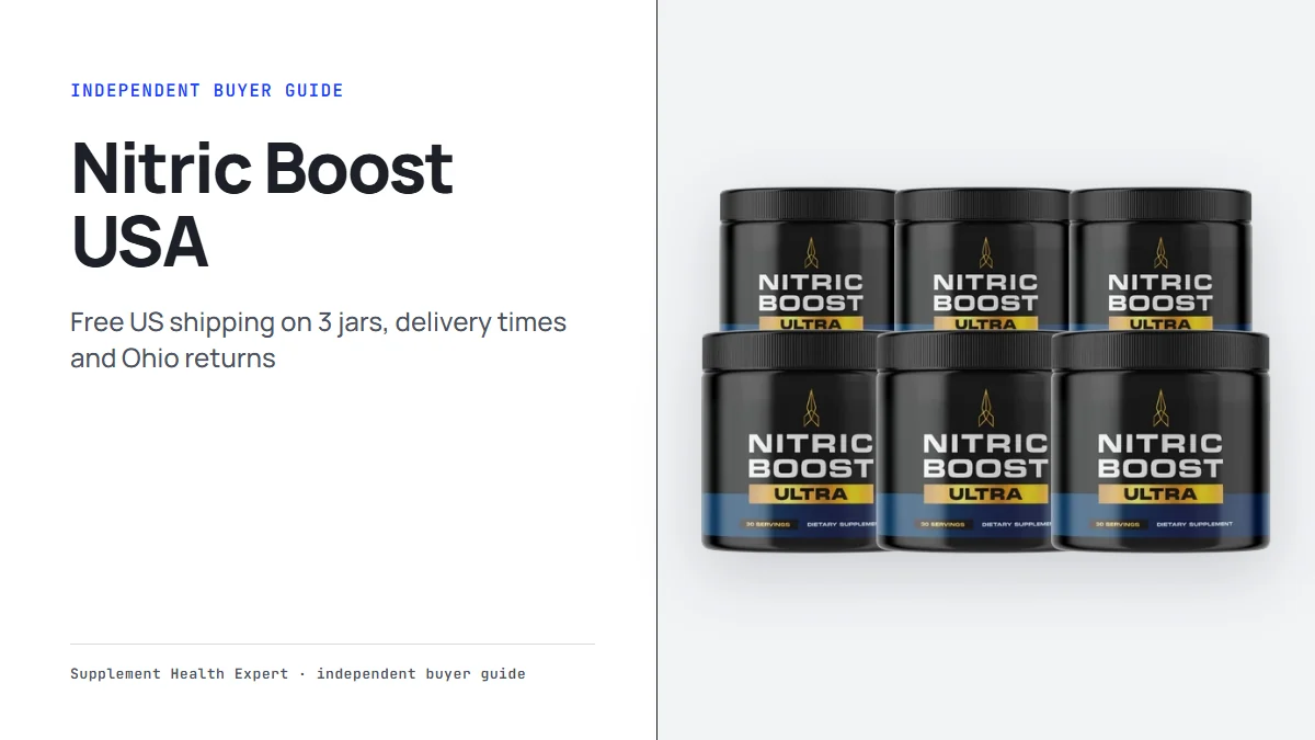 Nitric Boost USA graphic with six Nitric Boost jars and the headline free US shipping on three and six jars
