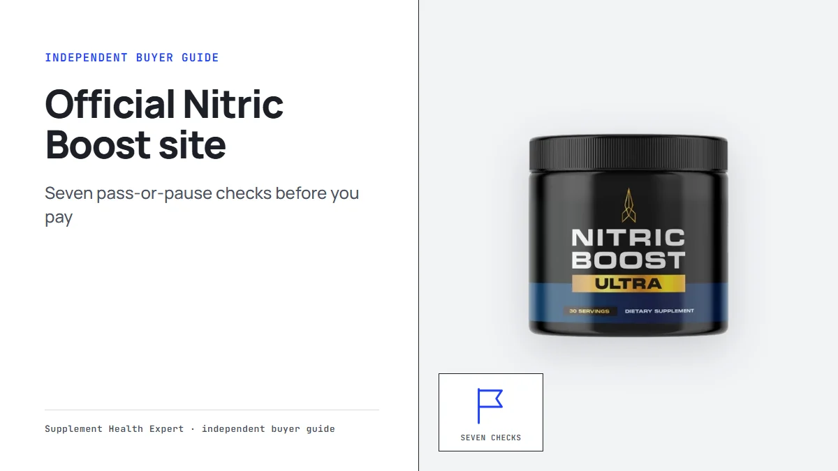 Official Nitric Boost site checklist graphic with a Nitric Boost jar beside a flag icon marked seven checks