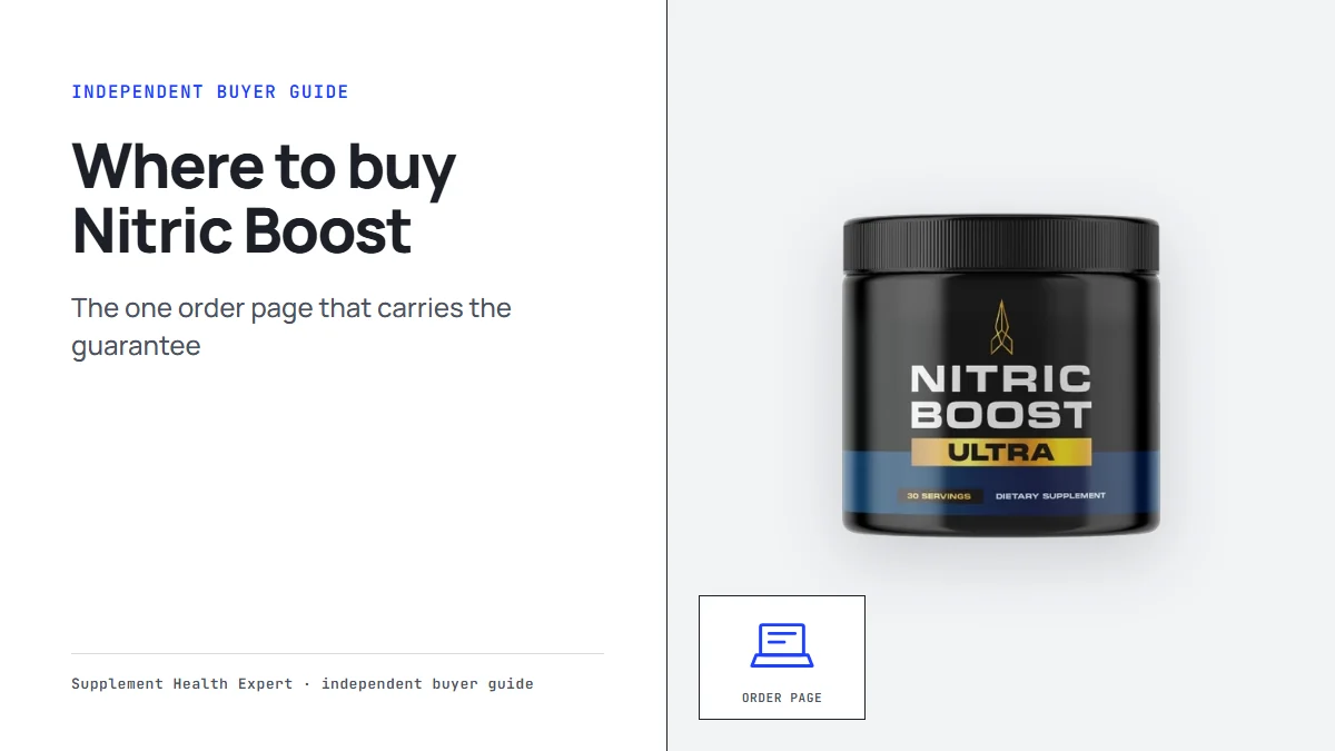 Where to buy Nitric Boost graphic with a Nitric Boost jar beside a laptop icon showing the seller order page