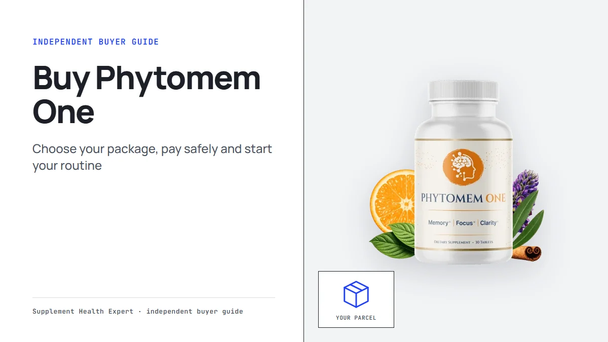 Phytomem One bottle graphic with the headline Buy Phytomem One and a parcel icon labeled Your parcel