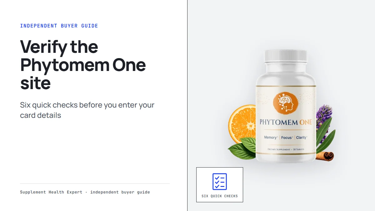 Phytomem One bottle graphic: official Phytomem One site checks, with the headline Verify the Phytomem One site