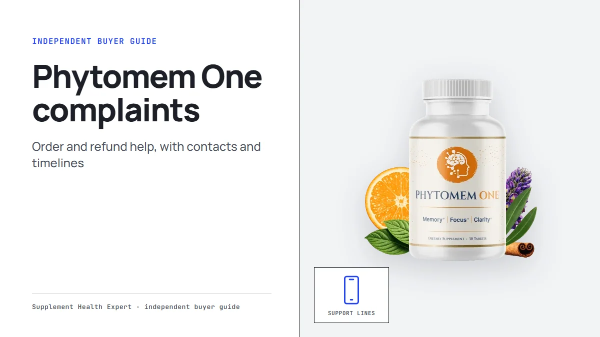 Phytomem One complaints: a graphic with the Phytomem One bottle, a phone icon and the headline Phytomem One complaints