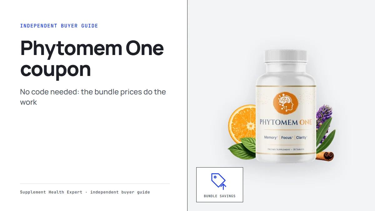 Phytomem One coupon: a graphic with the Phytomem One bottle, a price tag icon and the headline Phytomem One coupon