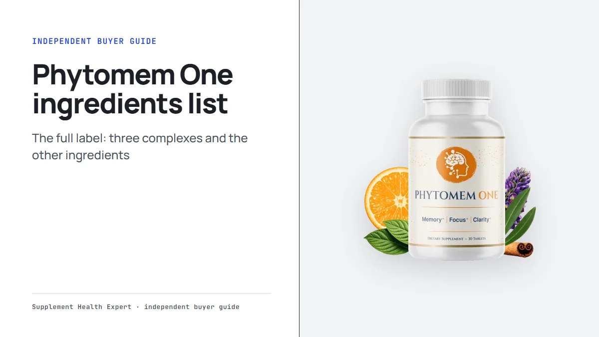 Phytomem One ingredients list: a graphic with the Phytomem One bottle and the headline Phytomem One ingredients list
