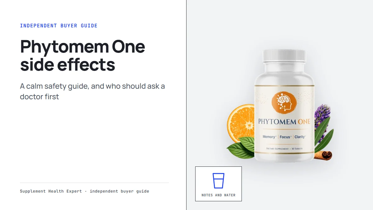 Phytomem One side effects: a graphic with the Phytomem One bottle, a glass icon and the headline Phytomem One side effects