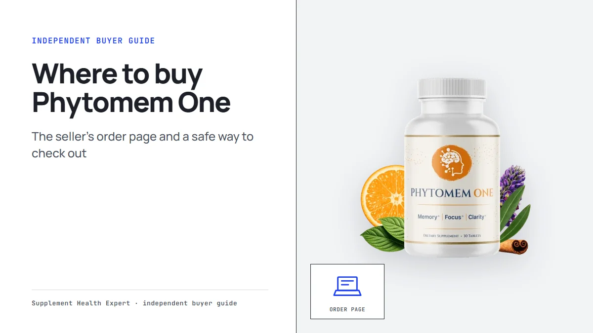 Phytomem One bottle graphic with the headline Where to buy Phytomem One and a laptop icon labeled Order page