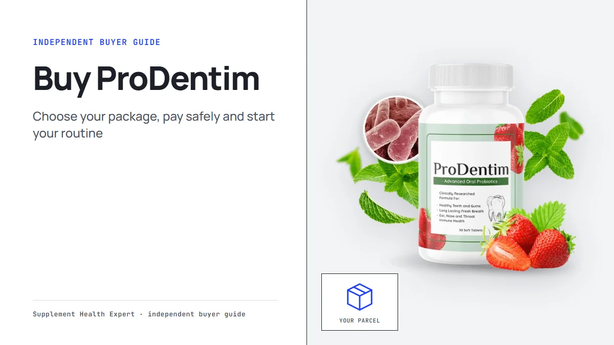 Buy ProDentim: a graphic with the ProDentim bottle, strawberries and mint, and the headline Buy ProDentim