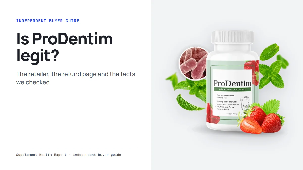 Is ProDentim a scam or legit: a graphic with the ProDentim bottle and the headline Is ProDentim legit?