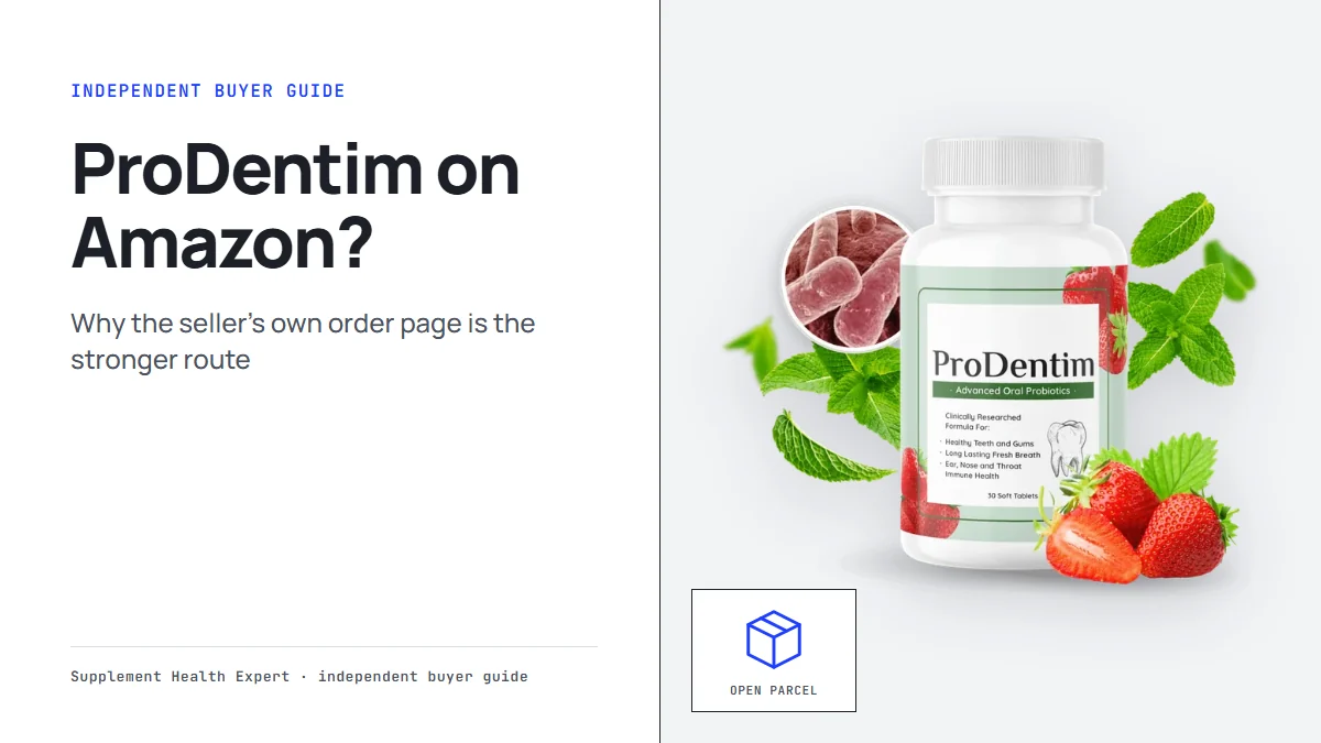 ProDentim Amazon: a graphic with the ProDentim bottle, a parcel icon and the headline ProDentim on Amazon?